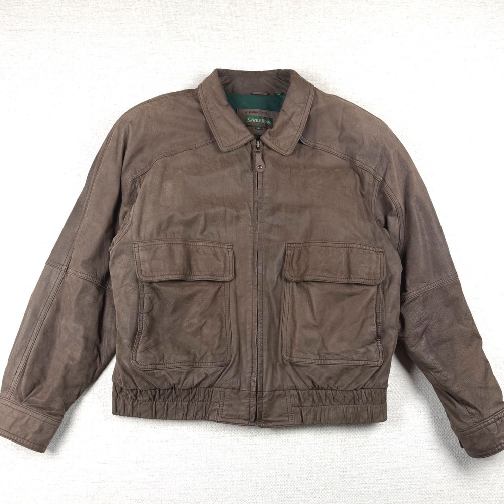 Vintage‎ 90s Savile Row Mens Brown Genuine Leather Bomber Jacket Lining Size L